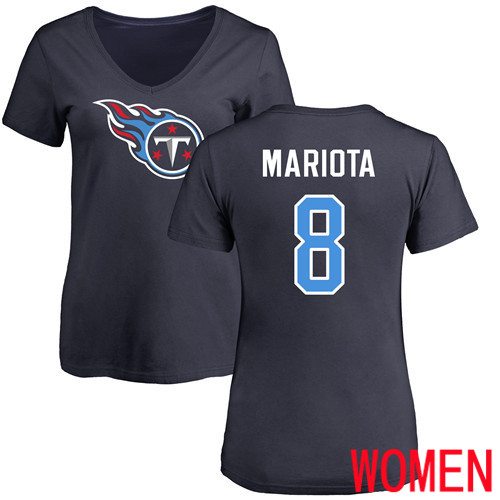 Tennessee Titans Navy Blue Women Marcus Mariota Name and Number Logo NFL Football #8 T Shirt